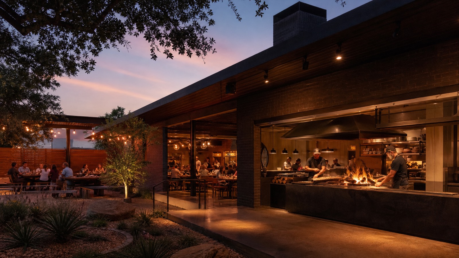 Oak-fire kitchen preparing smoked food in Austin