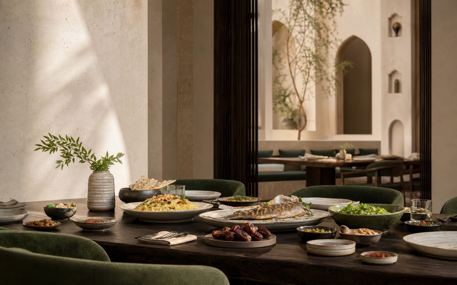 Warm contemporary Emirati table set for sharing in Dubai